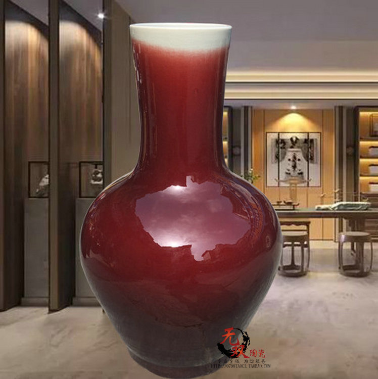 Jingdezhen Ceramic Floor-Standing Large Vase, Red Glaze, Lang Hong, Tianqiu Vase, Living Room Home Decor Piece 1m