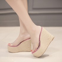 Wedge-heeled straw slippers womens summer thick-soled platform shoes wear a word high-heeled cool drag fish mouth film shoes 34 yards
