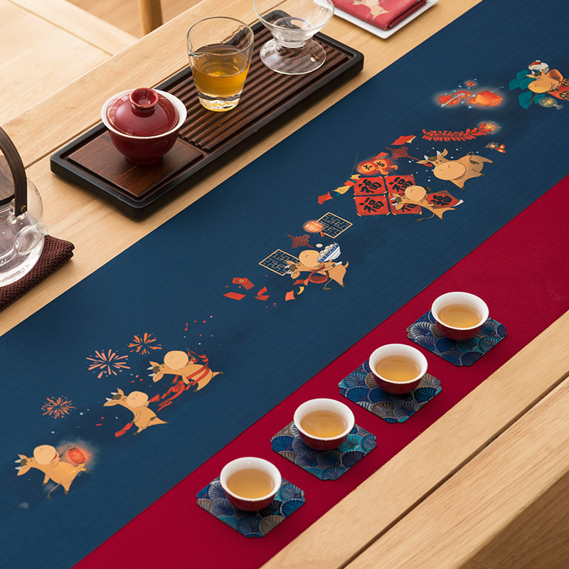 New Year waterproof non-slip tea mat set Zen fabric cotton linen Chinese style festive table flag tea towel Spring Festival Ox Year gift