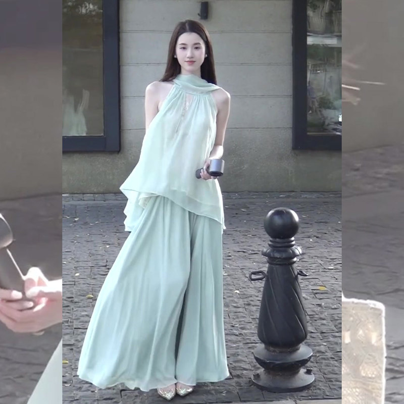 Korean-Style Mint Green Halter Neck Set, Ethereal and Drapey, Asymmetrical Top and Skirt, Cool and Relaxed Two-Piece Set