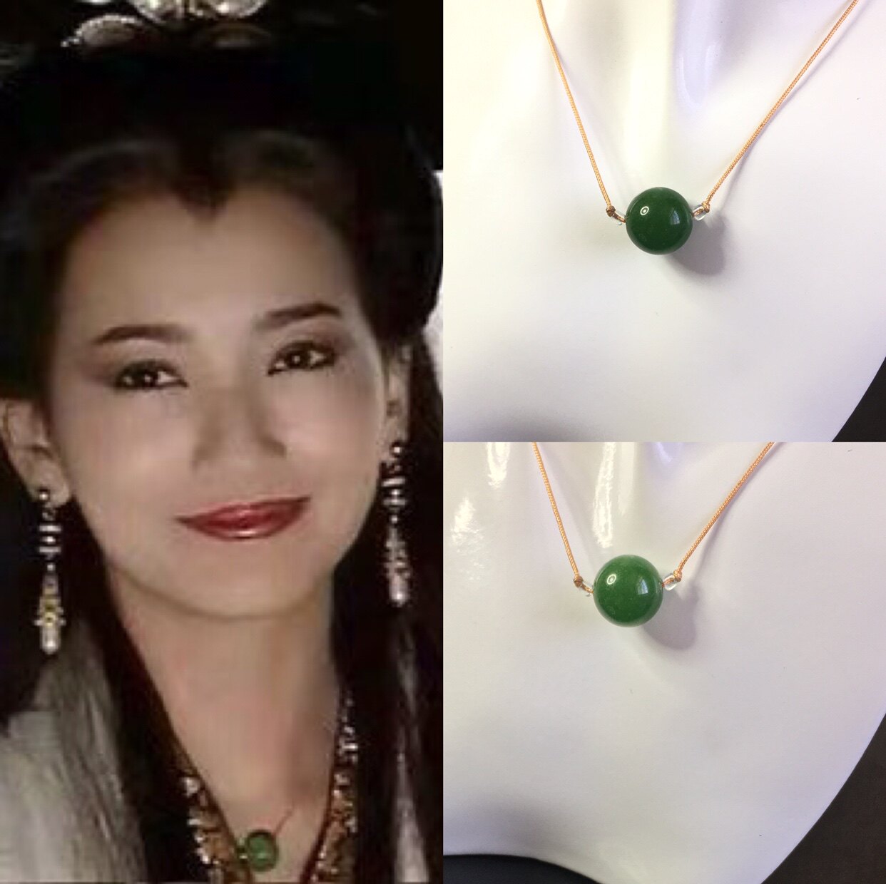 New white lady legend Zhao Yizhi decorated with white pussy with money chain ink green jade pearl pendant neck chain white pussy 