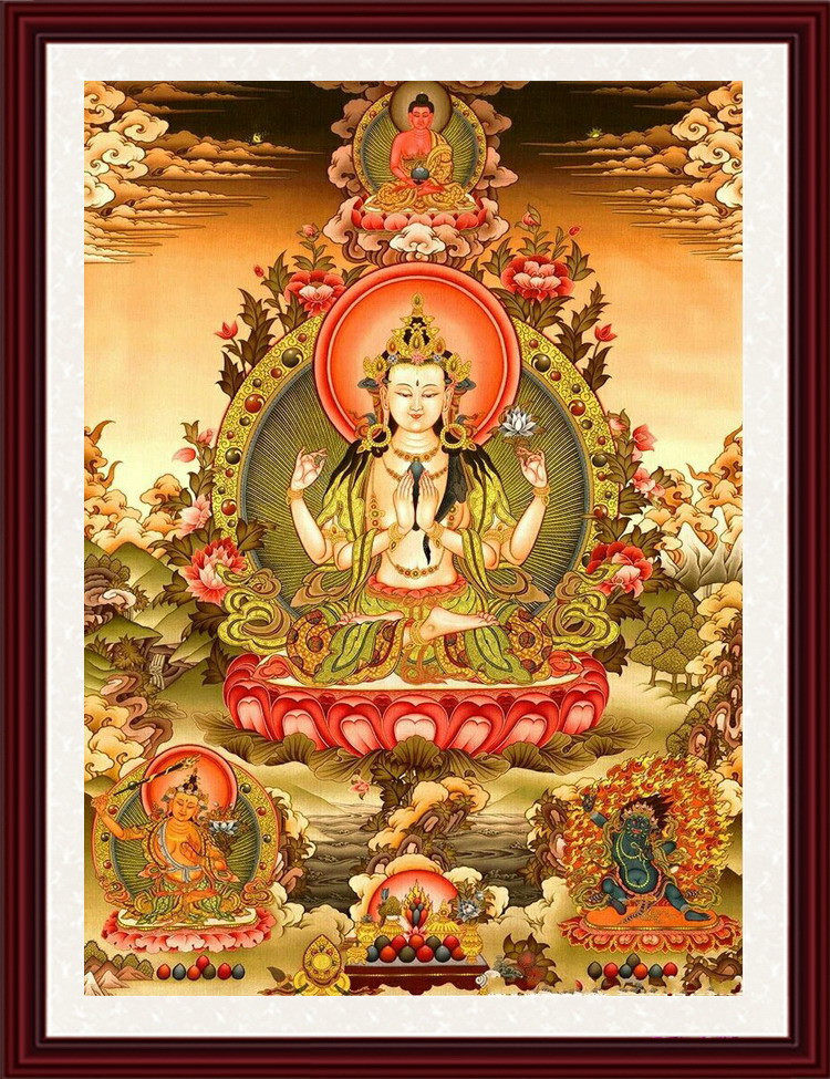 Tibetan Buddhism Donka Four-arm Guanyin 1 South without view Soundtrack Bodhisattva cross embroidered kit Precision printing and sending tool