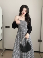 Темперамент yichic [черно -белый ключ] Получите платье подвески в клетку+солнцезащитный кардиган xa2355