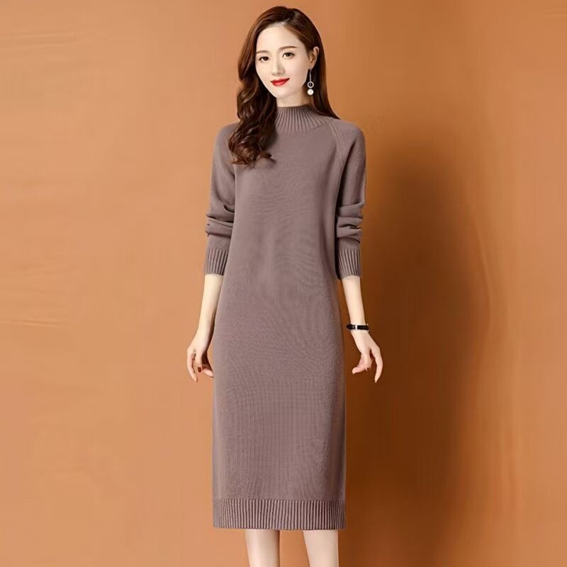 Maxmurny Luxury Women's New Pullover Autumn and Winter Dress, Half-High Collar, Long Thickened Over-The-Knee Wool Base Dress Maxmurny Luxury Women's New Pullover Autumn and Winter Dress, Half-High Collar, Long Thickened Over-The-Knee Wool Base Dress