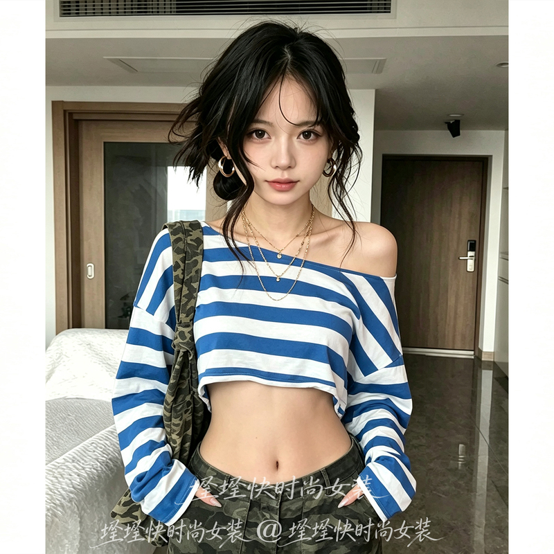 Pure Cotton Stretchy Blue Striped Off-Shoulder Long-Sleeve Sun-Protective T-Shirt for Women, Summer Cover-Up, Slim-Fit, Hot Girl Crop Top Pure Cotton Stretchy Blue Striped Off-Shoulder Long-Sleeve Sun-Protective T-Shirt for Women, Summer Cover-Up, Slim-Fit, Hot Girl Crop Top