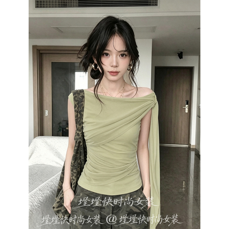 Gentle First Love Off-Shoulder Ribbon T-Shirt for Women 2026 Summer Korean Style Commuting Elegant Slimming Casual Top ins