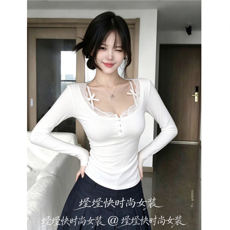 Sexy Hot Girl Style White Lace Bow Long-Sleeved T-Shirt for Women, New Autumn Slim Fit Slimming Base Shirt Top