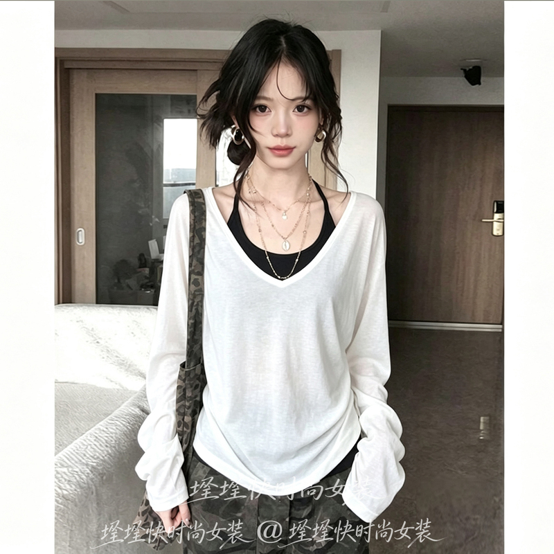 Korean Style Backless White V-Neck Long-Sleeve T-Shirt Blouse 2026 Spring and Autumn New Loose Slimming Design Top