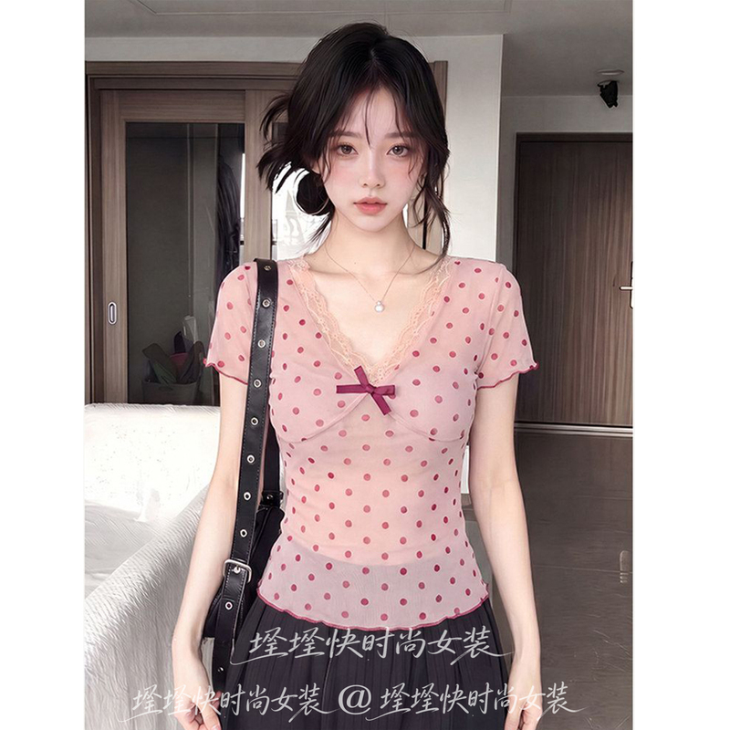 Korean Sweet and Spicy Style Mesh Short-Sleeved T-Shirt for Women, Summer Lace V-Neck Bow Slim Fit Short Top
