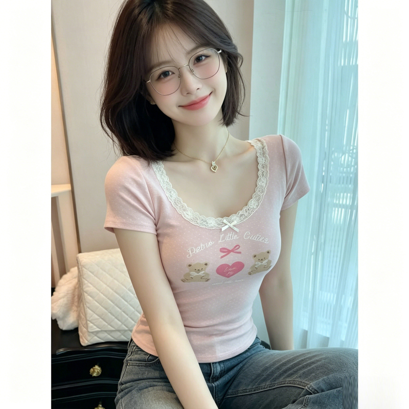 Girly and Cute Bm Style Printed T-Shirt for Women 2026 New Summer Lace Bow Slim Fit Top for Women