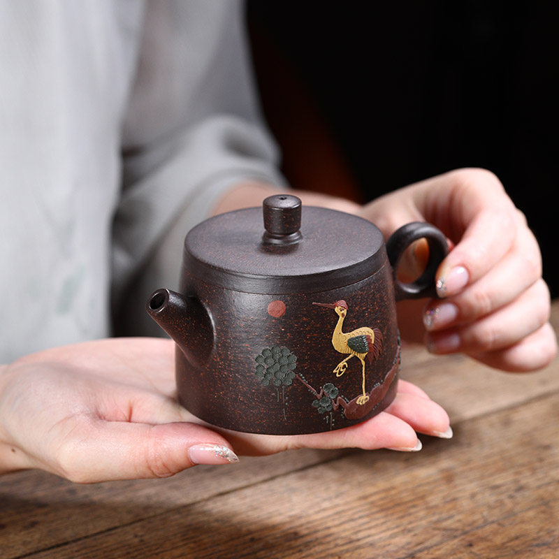 Yixing zisui teapot pure handmade raw ore black gold sand han tile pot stone gourd pot clay painting family bubble teapot set special price