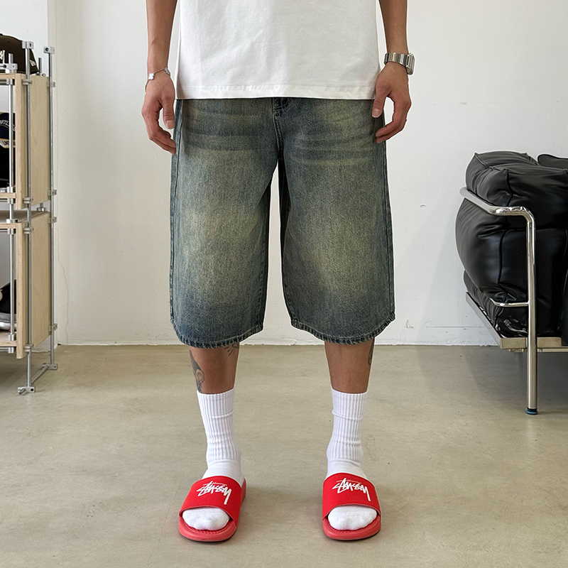 Burnbro American Retro Washed Wide-Leg Cropped Pants Unisex Street Style Loose Slimming Straight-Leg Denim Shorts Burnbro American Retro Washed Wide-Leg Cropped Pants Unisex Street Style Loose Slimming Straight-Leg Denim Shorts