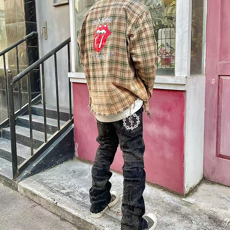 Vicxxclothing Produces Fp Spoof Rolling Stone Tongue Print Distressed Destroyed Long-Sleeved Plaid Shirt Jacket