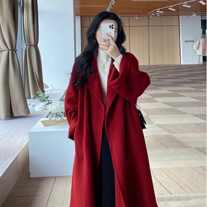 High-End Red Double-Sided Cashmere Coat for Women, Autumn and Winter 2025 New Style, Petite Woolen Woolen Coat