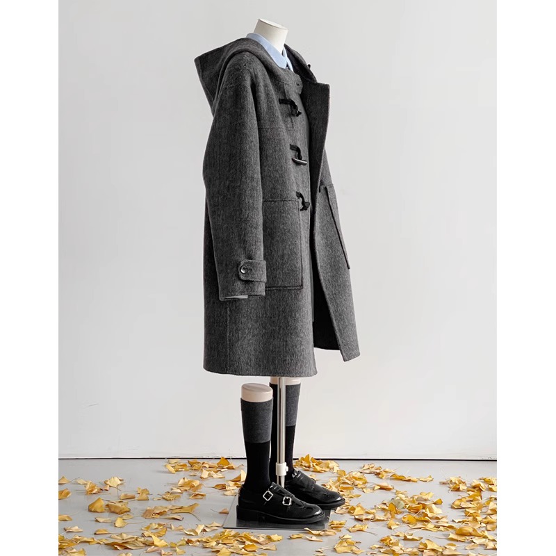 グレーウールカシミアホーンボタンコートレディース2024秋冬新作ミドル丈スモールウールコート