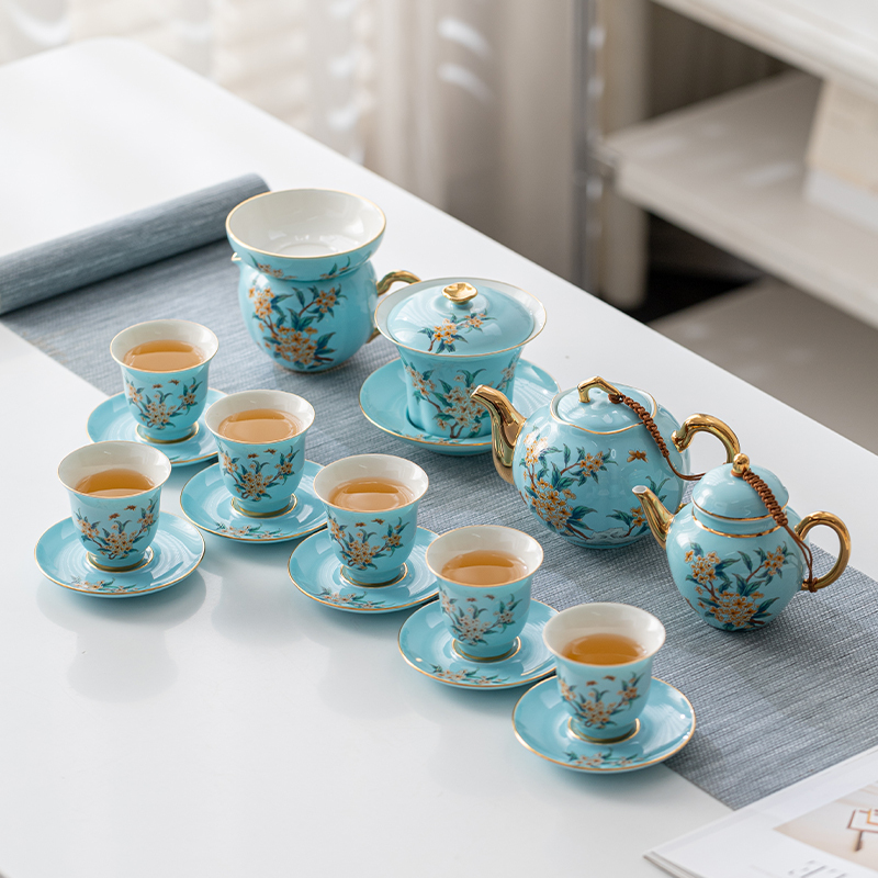 Turquoise Green Gold-Painted Osmanthus Gaiwan Teapot and Teacup Set, Complete Home Kung Fu Tea Set, Light Luxury Gift Box for Gifting Turquoise Green Gold-Painted Osmanthus Gaiwan Teapot and Teacup Set, Complete Home Kung Fu Tea Set, Light Luxury Gift Box for Gifting
