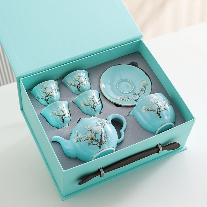 Turquoise Magnolia Flower Teapot and Teacup Set, Ceramic Master Cup, Kung Fu Tea Set, High-End Home Use Gift Box Turquoise Magnolia Flower Teapot and Teacup Set, Ceramic Master Cup, Kung Fu Tea Set, High-End Home Use Gift Box