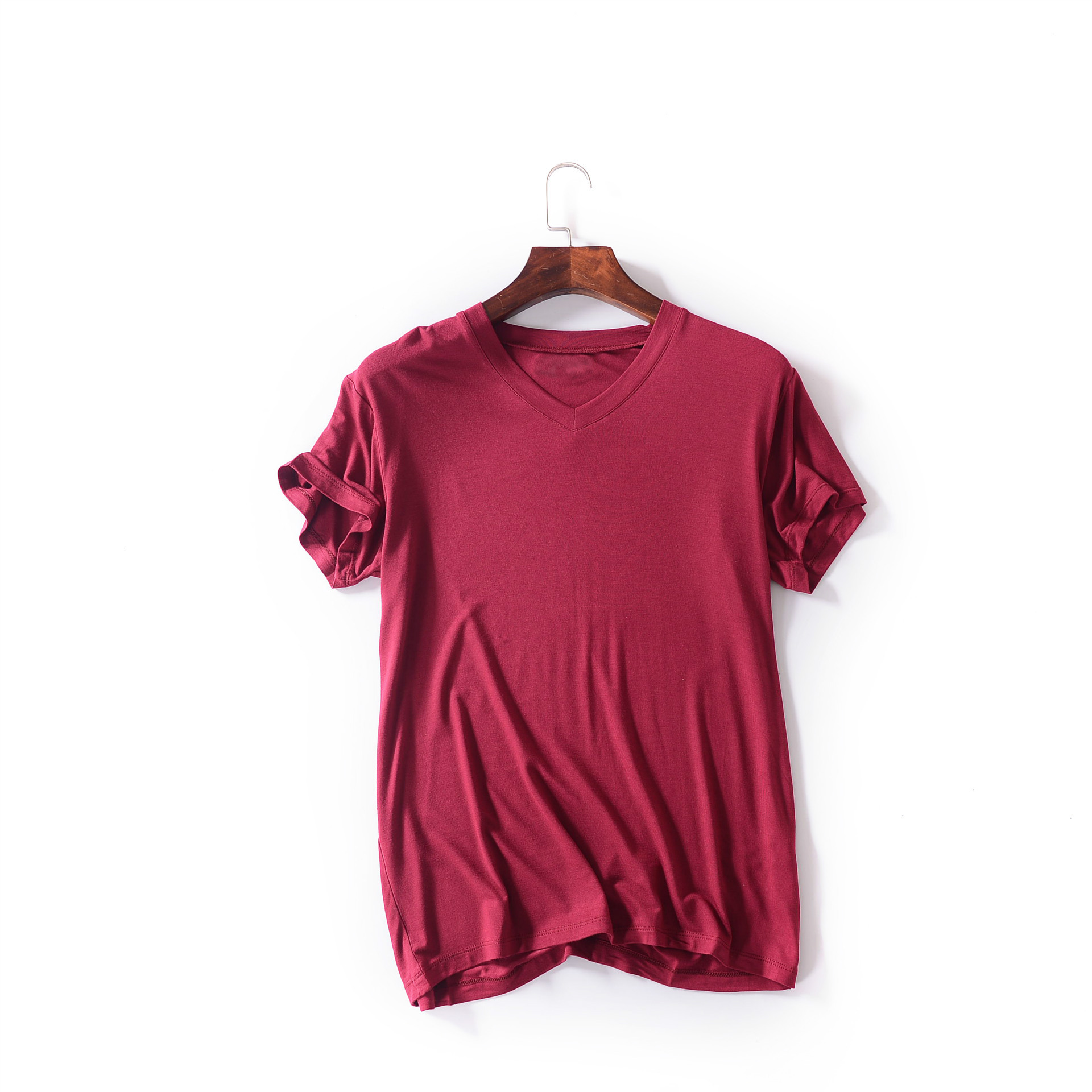 Áo thun nam giản dị Modal đồ ngủ ngắn tay màu rắn cổ chữ V chạm đáy áo cotton phục vụ nhà cộng với tăng phân bón bộ thu đông nam