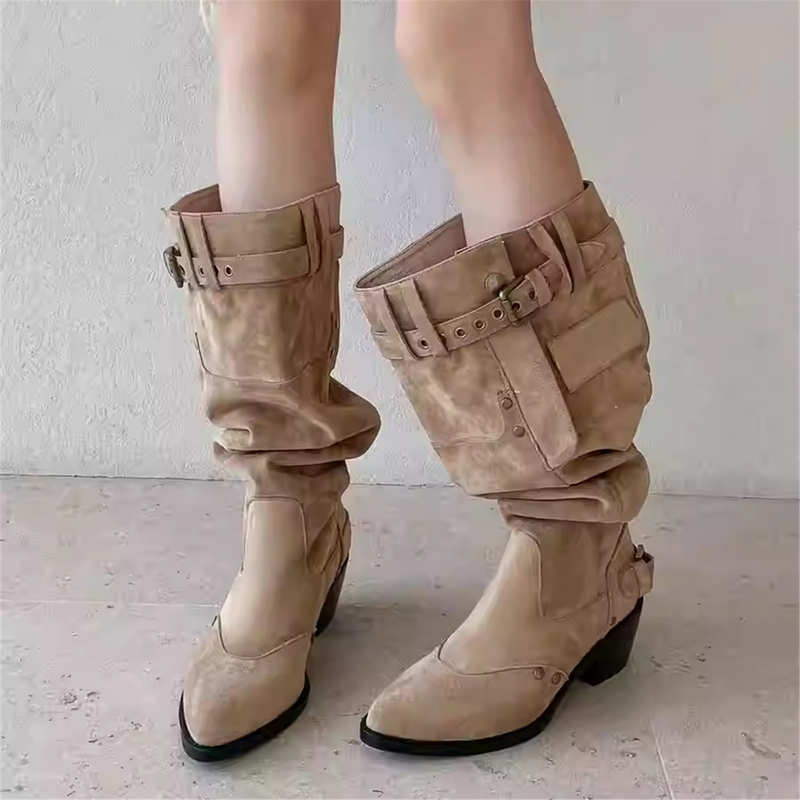 Wide-Leg Faux Suede Slimming Riding Boots 2026 Wide-Leg Retro Chunky Heel Pointed Toe Belt Buckle Pleated Stacked Boots for Women