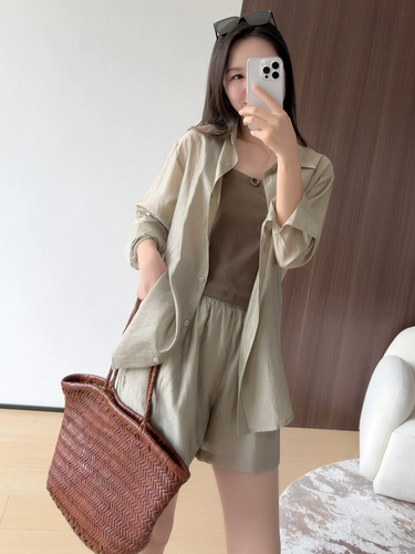 Летний комплект, лонгслив, рубашка, майка топ, шорты, защита от солнца, для маленькой груди, 3 предмета