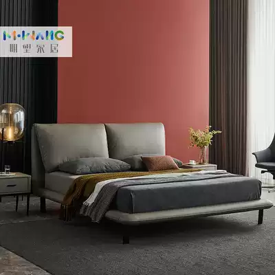 Light luxury modern leather bed head layer yellow cowhide soft bag solid wood bed double bed master bedroom wedding bed 1 8 meters small apartment