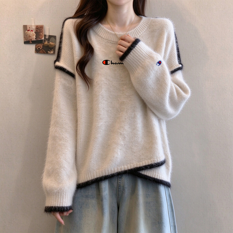 Japanese Champion Design Sweater for Women 2026 Autumn and Winter New Thick Loose Lazy Style Soft Patchwork Knitwear Trendy