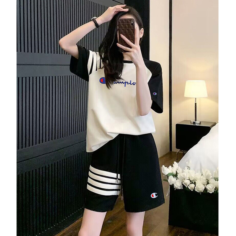 Japanese Style Trendy Brand Champion Loose Fit Slimming Casual Sports Suit for Women, Short-Sleeved Shorts Two-Piece Set for Students