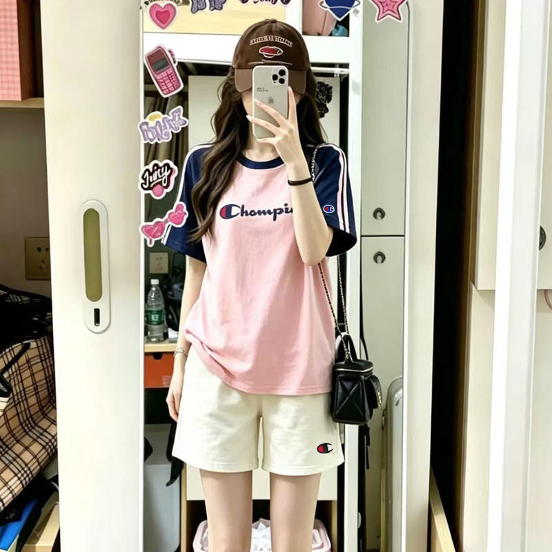 Japanese Style Champion Petite Loose Fit Slimming Body-Covering Patchwork Sports Suit for Women, Short-Sleeved Shorts Two-Piece Set for Students, Trendy Japanese Style Champion Petite Loose Fit Slimming Body-Covering Patchwork Sports Suit for Women, Short-Sleeved Shorts Two-Piece Set for Students, Trendy