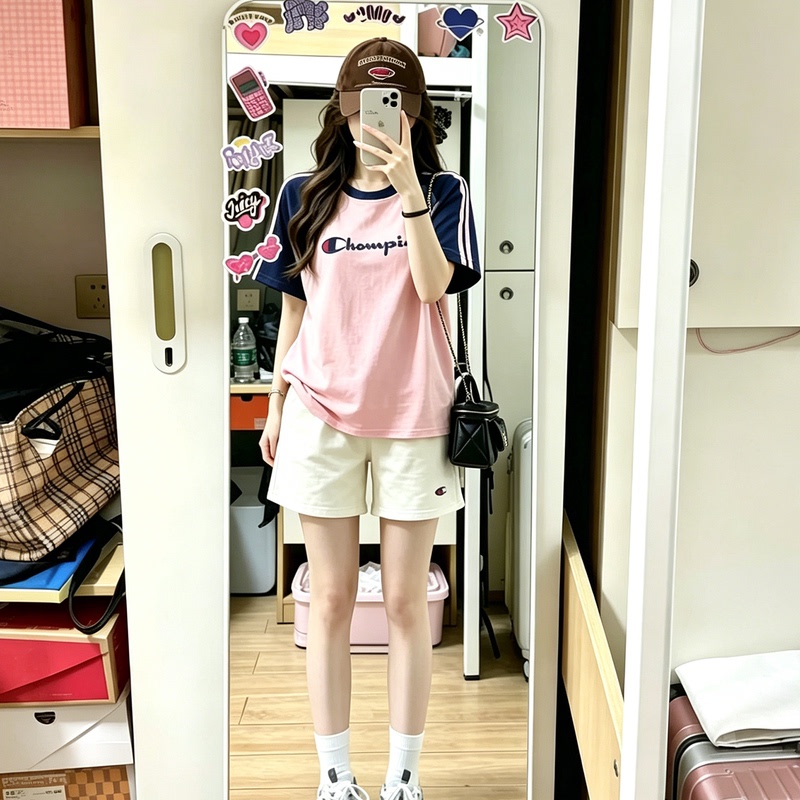 Japanese Version Champion Sports Suit for Women 2026 Summer New Color-Blocking Short-Sleeve Running Badminton Outfit Casual Two-Piece Set Japanese Version Champion Sports Suit for Women 2026 Summer New Color-Blocking Short-Sleeve Running Badminton Outfit Casual Two-Piece Set