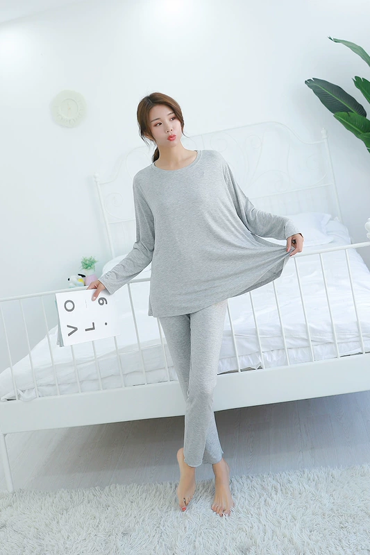 Phiên bản Hàn Quốc của bộ đồ ngủ dài tay cotton modal kích thước lớn hai mảnh phù hợp với phụ nữ mang thai phòng dịch vụ tại nhà mùa xuân và mùa thu mùa hè phần mỏng - Cặp đôi