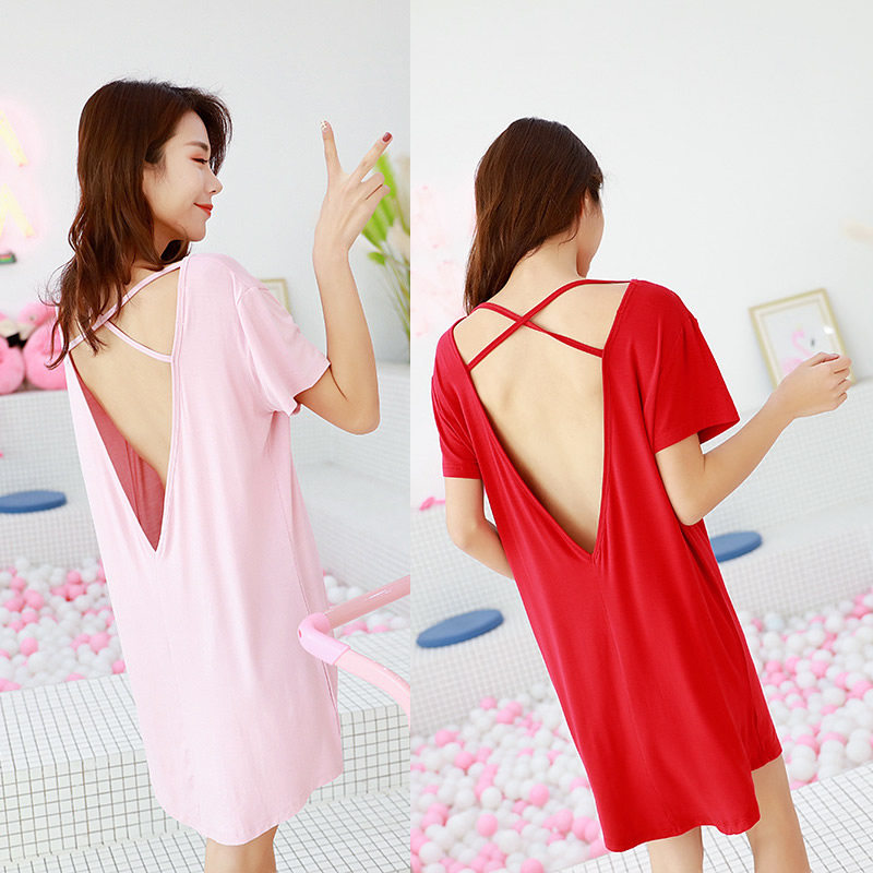 Large size loose modal cotton sexy ice silk V-neck suspenders backless short-sleeved nightdress women's summer one-piece nightdress thin