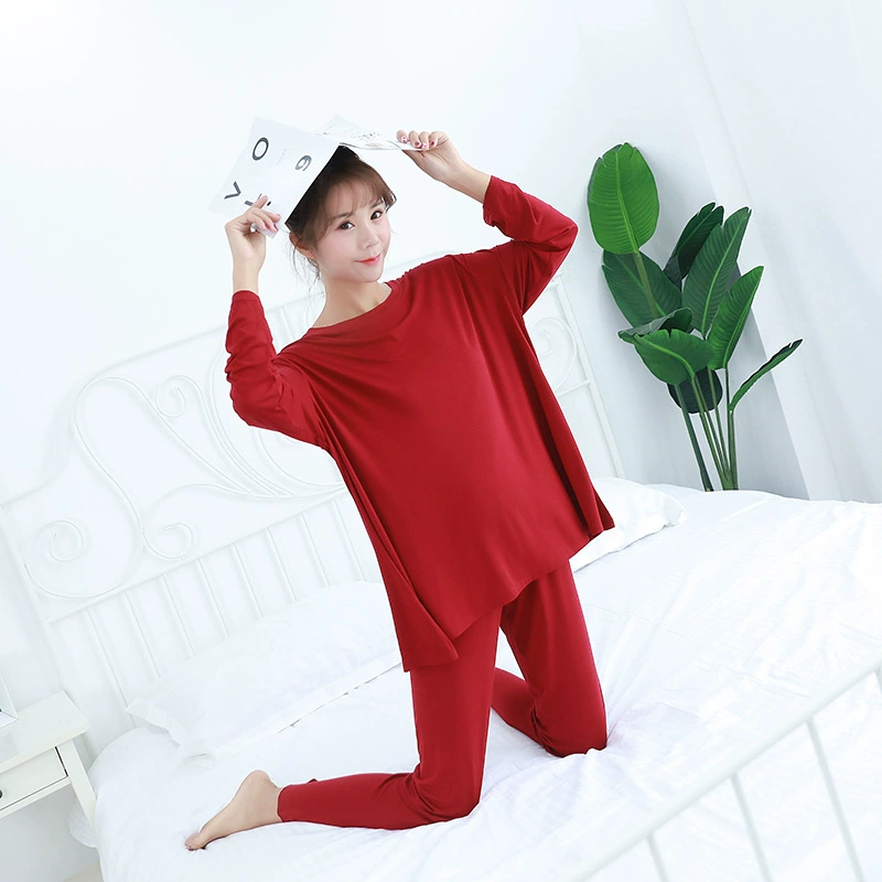 Phiên bản Hàn Quốc của bộ đồ ngủ dài tay cotton modal kích thước lớn hai mảnh phù hợp với phụ nữ mang thai phòng dịch vụ tại nhà mùa xuân và mùa thu mùa hè phần mỏng - Cặp đôi