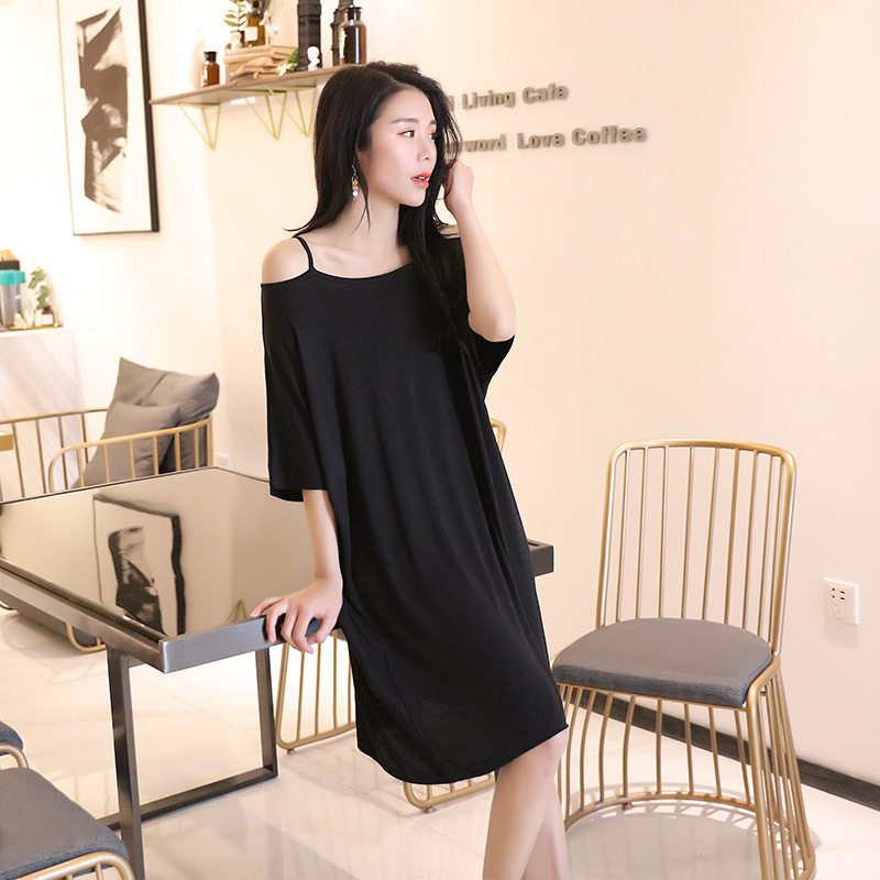 Korean version large size loose sexy modal bat sleeve leaking shoulder pregnant women suspenders one-piece nightdress women's home pajamas summer