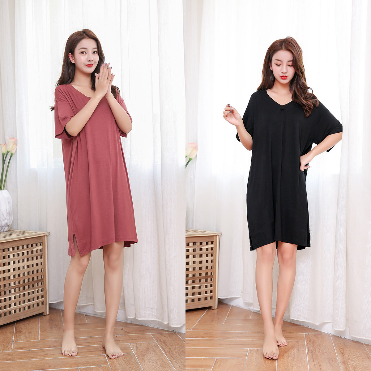 Fat mm200 Catty Loose With Slim Modell Sleep Skirt Woman Summer Thin section V collar Long pregnant woman Jane about pyjamas-Taobao