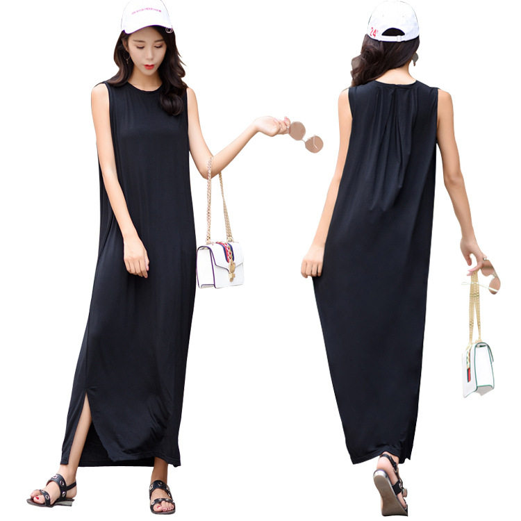 Large size loose super long modal cotton sleeveless slit vest nightdress female summer fat mm200 catties pajamas thin