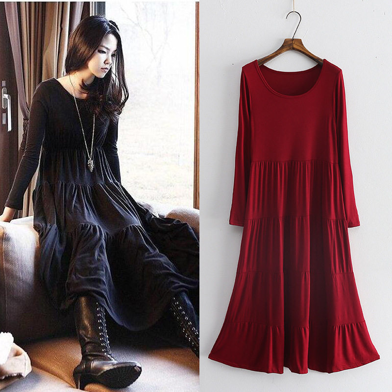 Korean version large size loose long sleeves round neck modal cotton long version cake dress outer wear home nightdress women spring and autumn