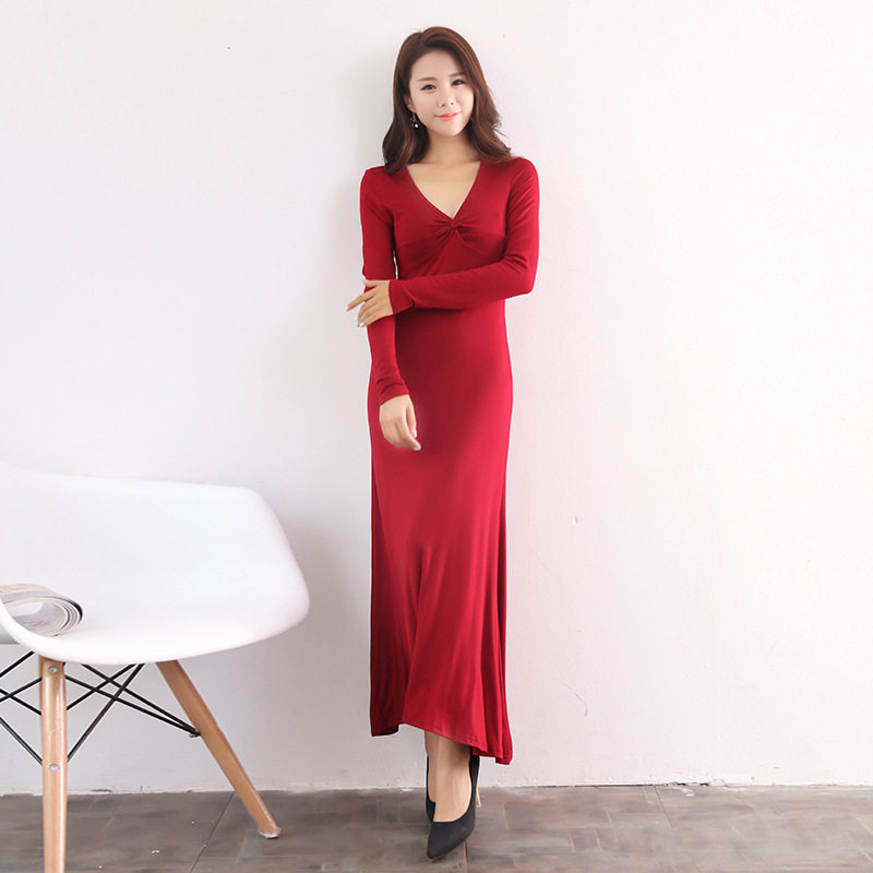 Nightdress female spring and autumn slim slim long-sleeved V-neck modal cotton super long bottoming high waist dress summer thin