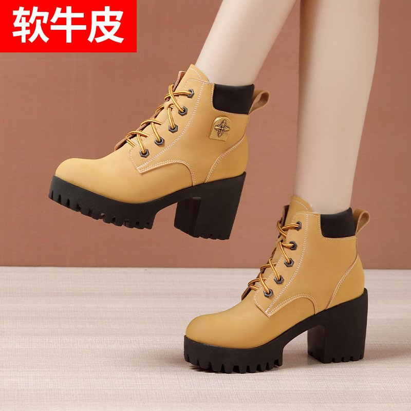 High-Heeled Thick-Soled Genuine Leather Martin Boots for Women, Large Yellow Boots, 2026 Autumn and Winter New Style, Thick-Soled Waterproof Platform, Large Size, Fleece-Lined Short Boots