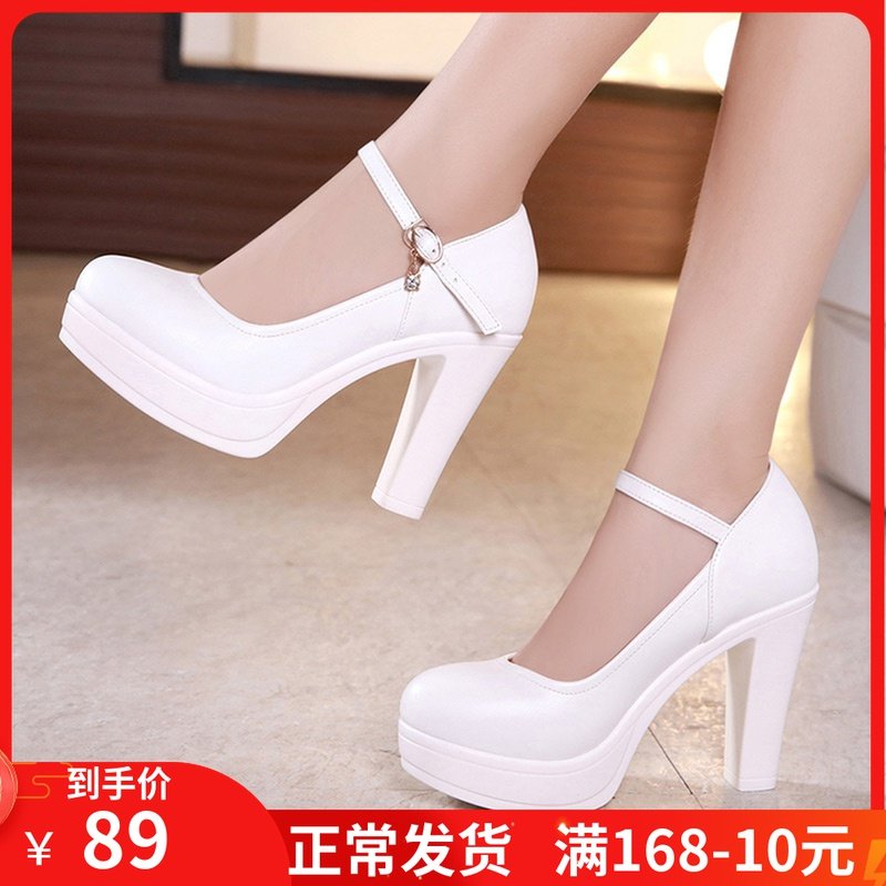 Round Head Genuine Leather Waterproof Bench Coarse Heel Thick Base Bag Shoes White Large Size High Heel Qipao Model Walking Show Shoes Female Performance Shoes