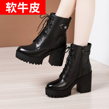 Autumn and Winter New Style Martin Boots for Women, Genuine Leather, Hollow Thick Sole, Waterproof Platform, High Heel, Chunky Heel, Mesh Women's Short Boots, Single Boots