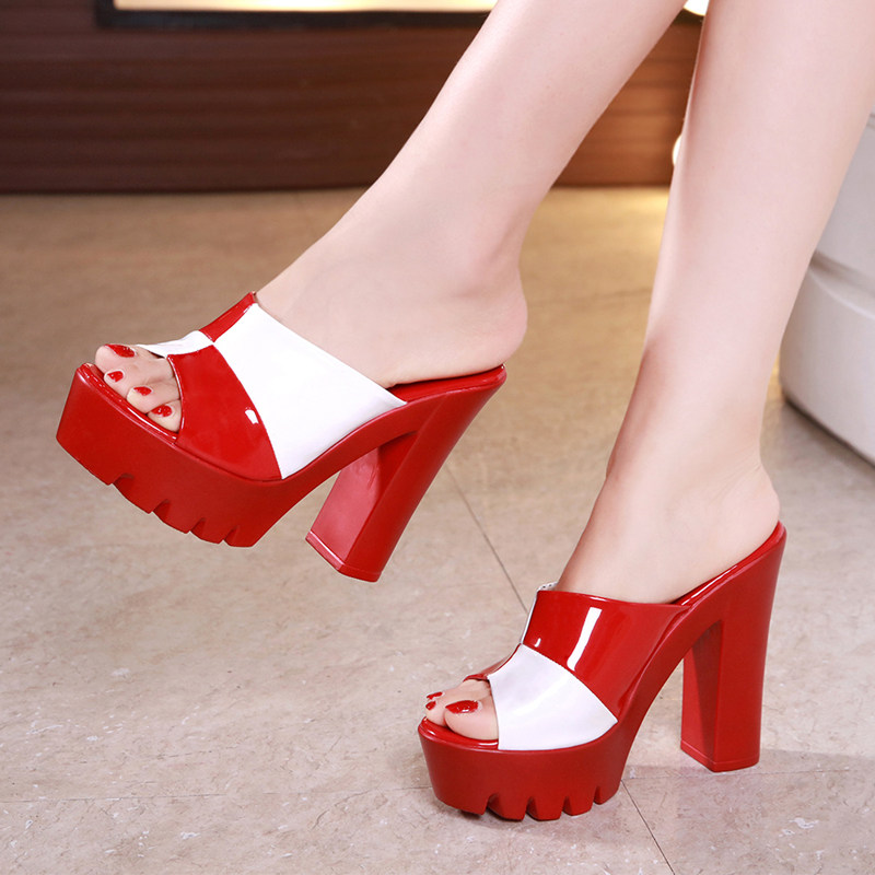 Super high heel thick heel slippers women 2021 summer thick bottom waterproof platform patent leather fashion outside wear small size 33 color slippers