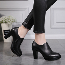 2021 leather pointed high heels deep mouth single shoes waterproof table thick heel size versatile black work shoes womens shoes