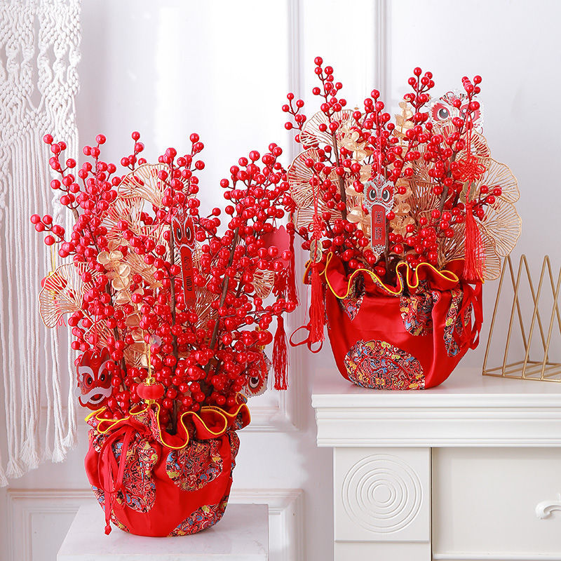 2022 New Year Fobucket Bucket Pendant Lunar New Year Flowers and Fruit Spring Festival Festive Dry Flower Arrangement Diy Material Bag