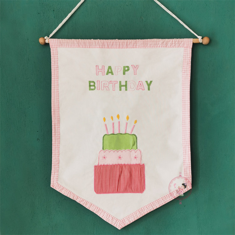 Foreign Trade Cloth Art Children Birthday Flag Pure Cotton Embroidered Birthday Cake Party Decorative Wall Hung Custom Embroidered Name