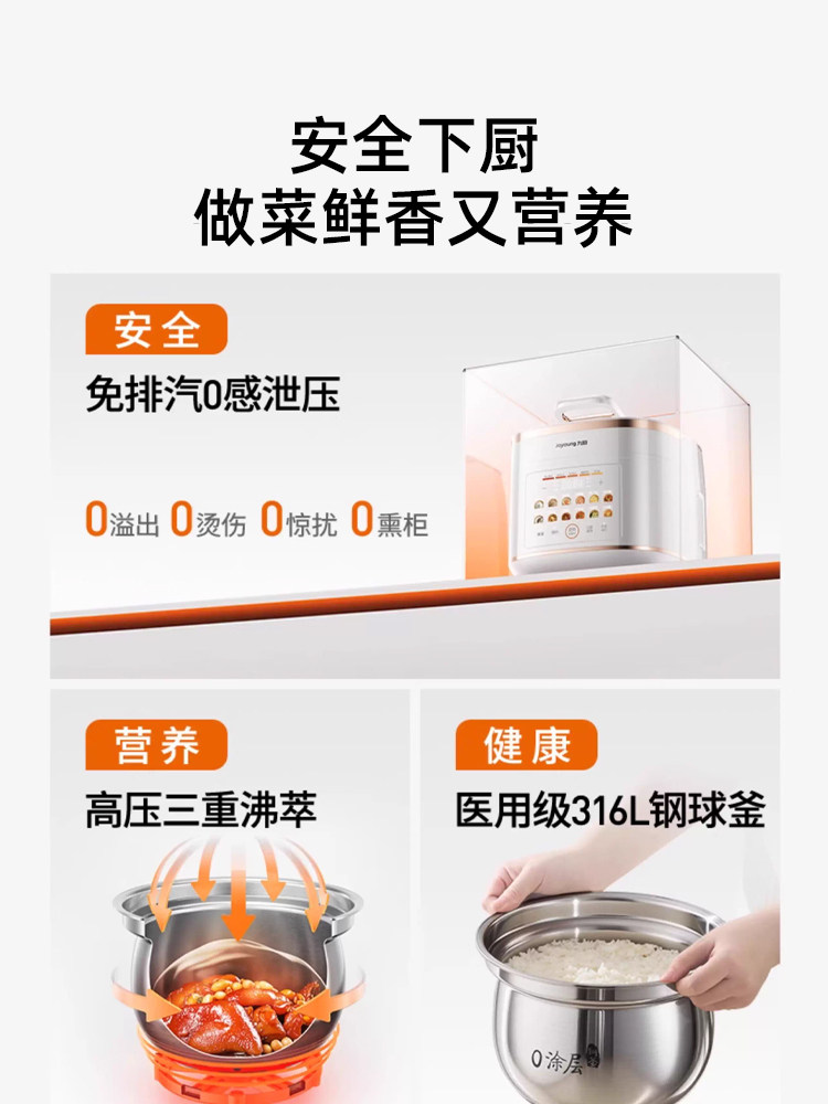 Joyoung Electric Pressure Cooker for Home Use, No Exhaust Required, High Pressure, Quick Cooking, 0 Coating, 316L Stainless Steel Inner Pot, New Model 50Ihz5