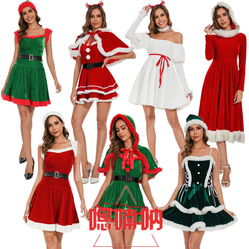 New Christmas Costume for Adult Women, Holiday Party Santa Claus Green Christmas Dress, Christmas Shawl Performance Costume