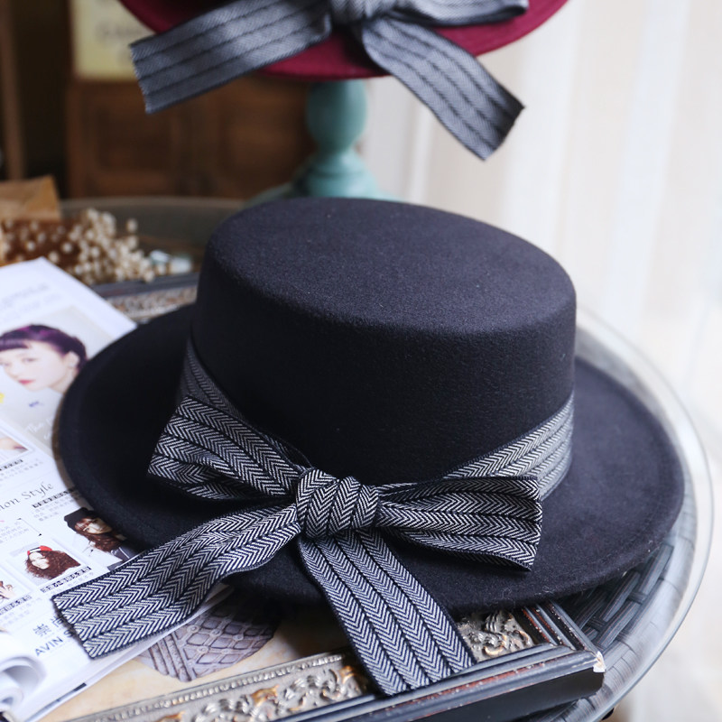 Houndstooth British style flat top hat for women, autumn and winter, cashmere felt hat, bow-tie retro trendy hat