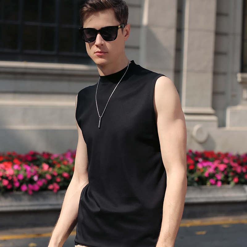 Turtleneck Vest for Men, Trendy Outerwear, Sleeveless T-Shirt with a Medium Collar, Double Mercerized Cotton Wide-Shoulder Base Layer Vest
