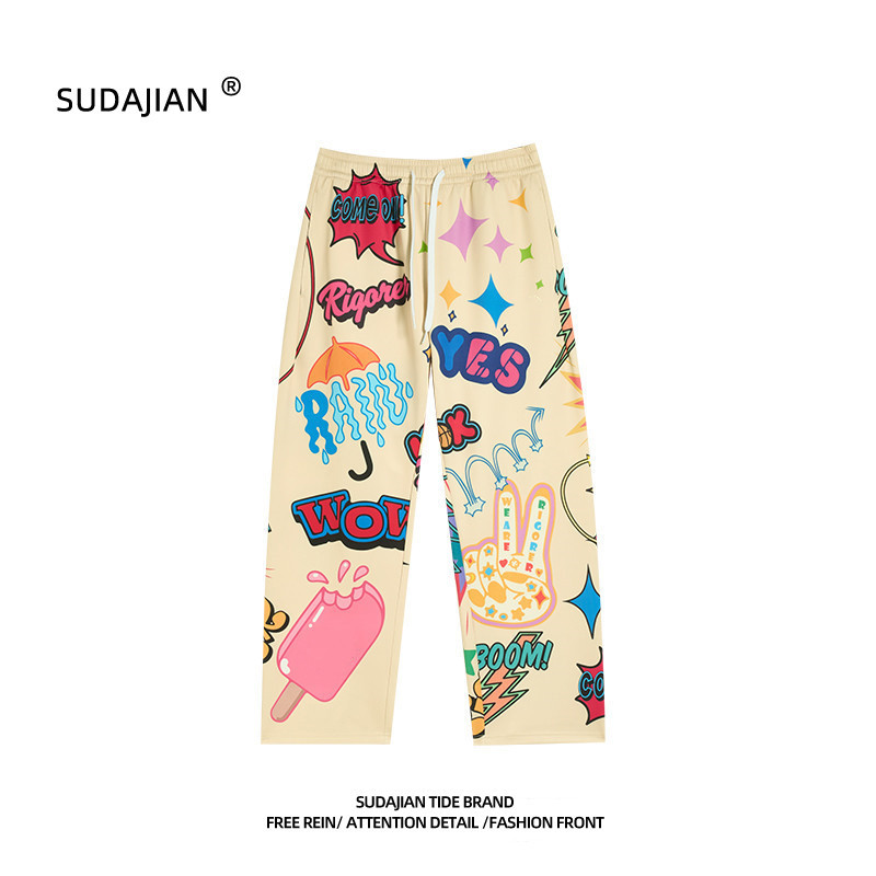 2025 Spring and Autumn American-Style Cartoon Floral Pants for Men and Women, Trendy Brand Graffiti Print Cropped Pants, New Autumn Breathable Pants for Men and Women
