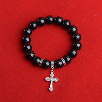 Christian Jesus Black Shine Stones Cross Bracelet Men Womens Money Natural Crystal Students Hands Strings of Ping An ornament
